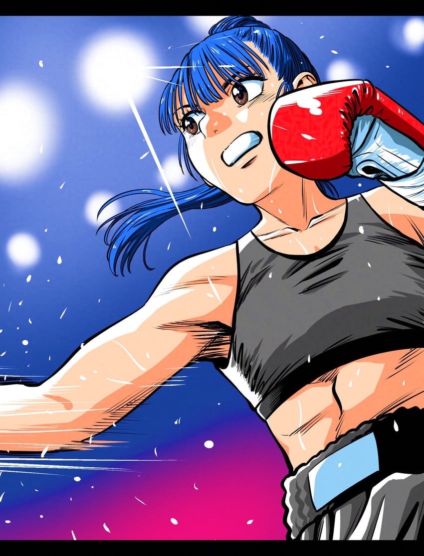 原创 1名女孩 蓝色背景 蓝发 拳击 拳击手套