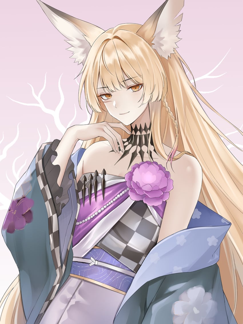 明日方舟、铃兰 (档案名)、铃兰 (焦点之外) (明日方舟) 1名女孩 兽耳 露肩 金发 辫子