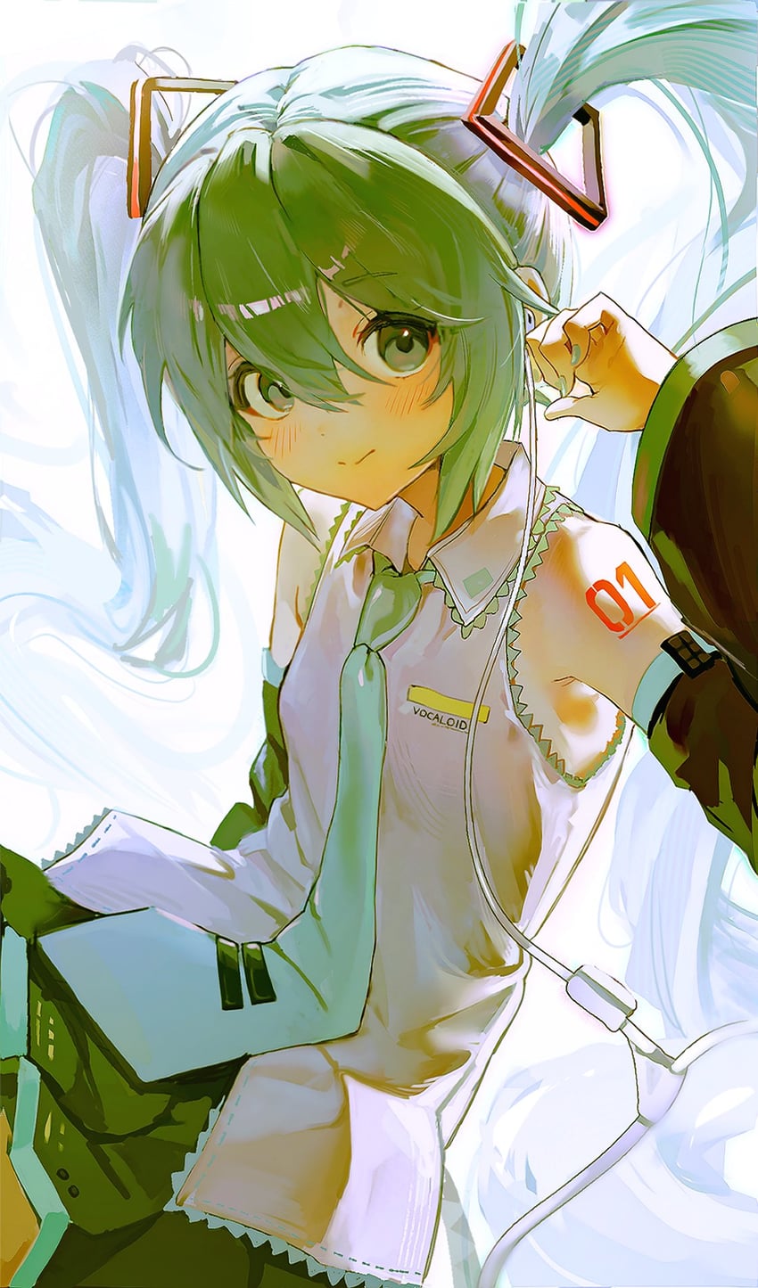 VOCALOID、初音未来 1名女孩 1个其他角色 水色瞳 水色发 水蓝色指甲