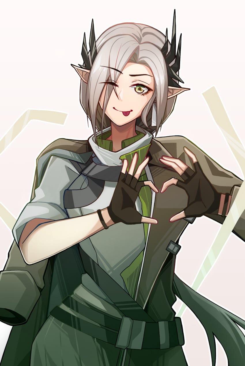 明日方舟、娜斯提 (明日方舟) 1名女孩 :p 吐舌头 手臂伸出袖子 黑色手套