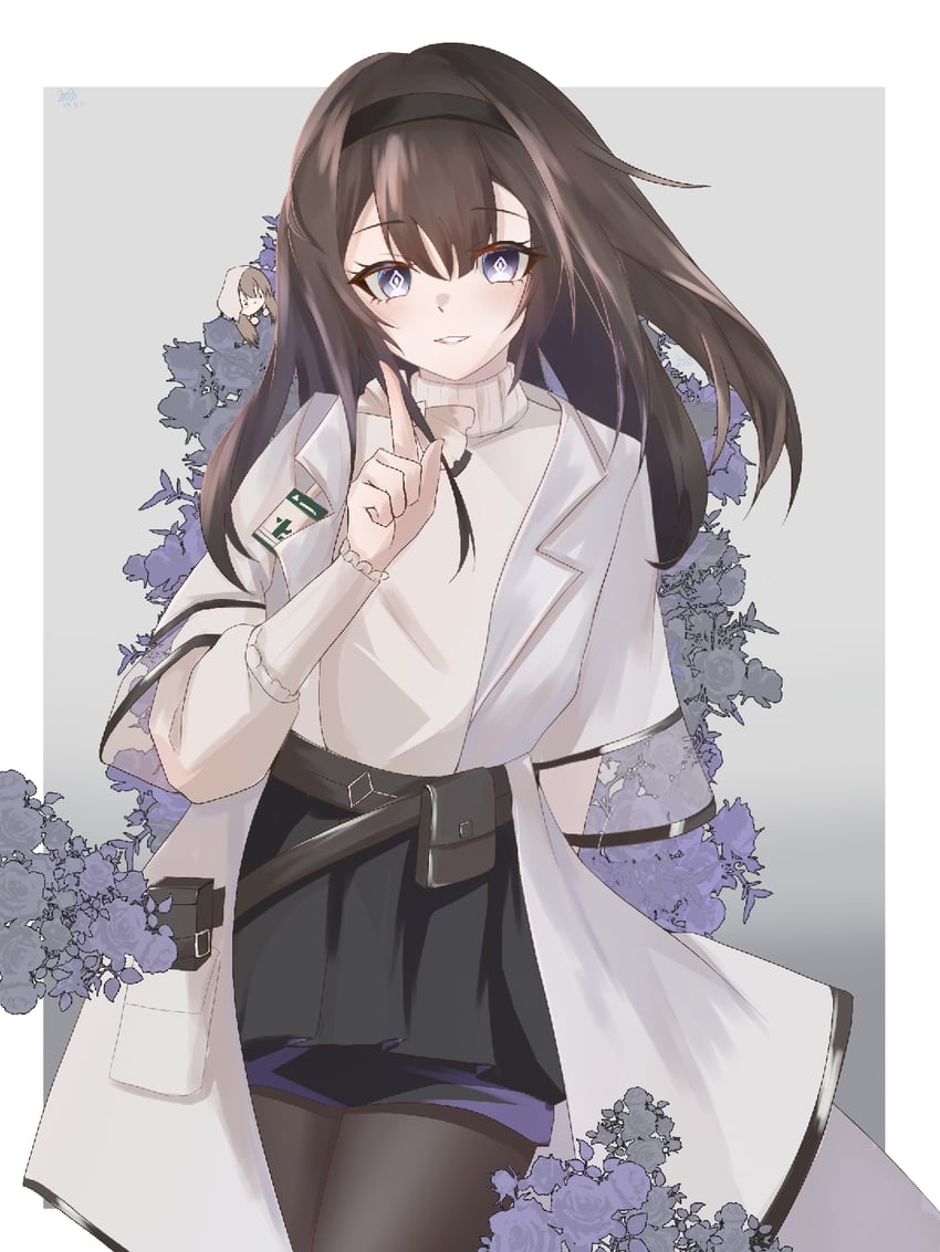 明日方舟、海尔达 (明日方舟)、普瑞赛斯 (明日方舟) 1名女孩 黑色发带 黑色连裤袜 黑色裙子 边框