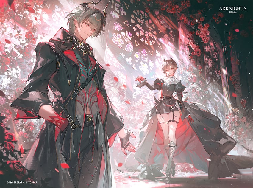 明日方舟、隐现 (明日方舟)、milton (arknights) 1名男孩 1名女孩 阿斯科特领巾 不对称手套 黑色连衣裙