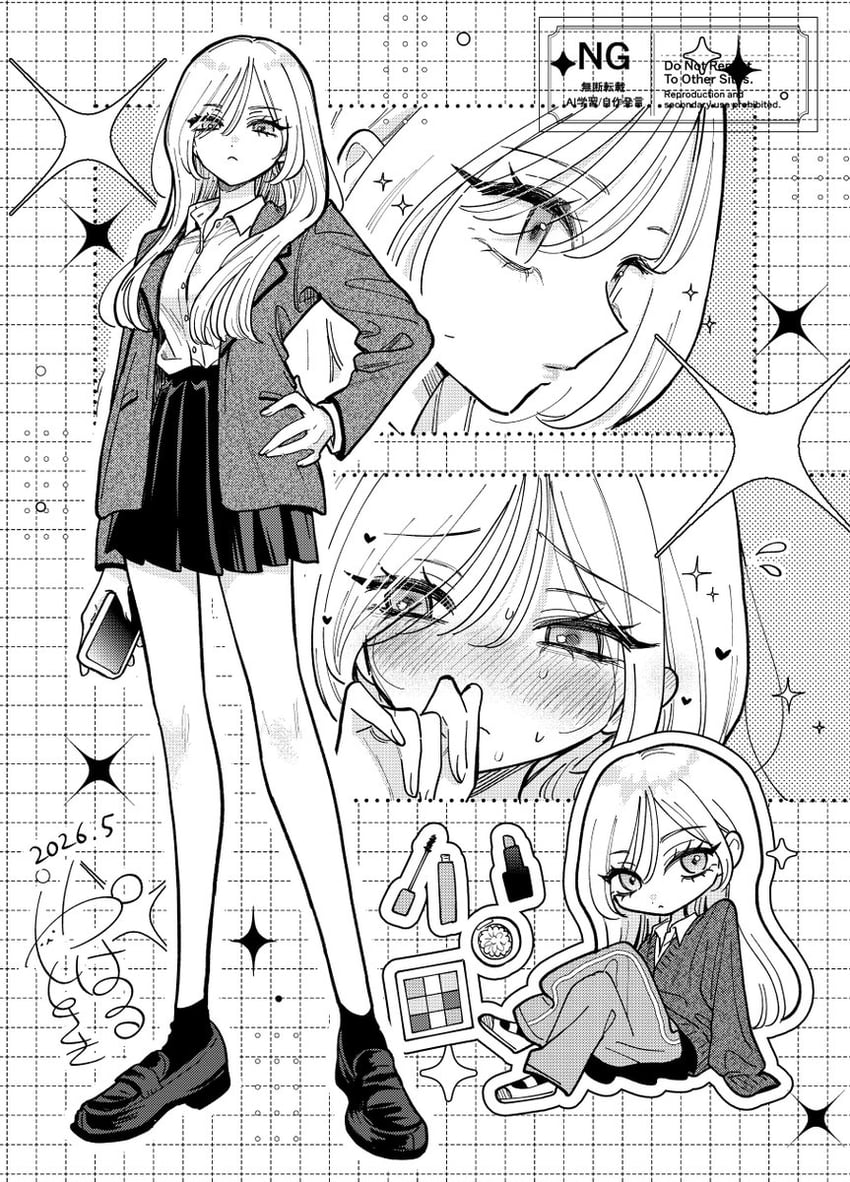 二次元插画 1名女孩 脸红 手机 Q版 Q版插图