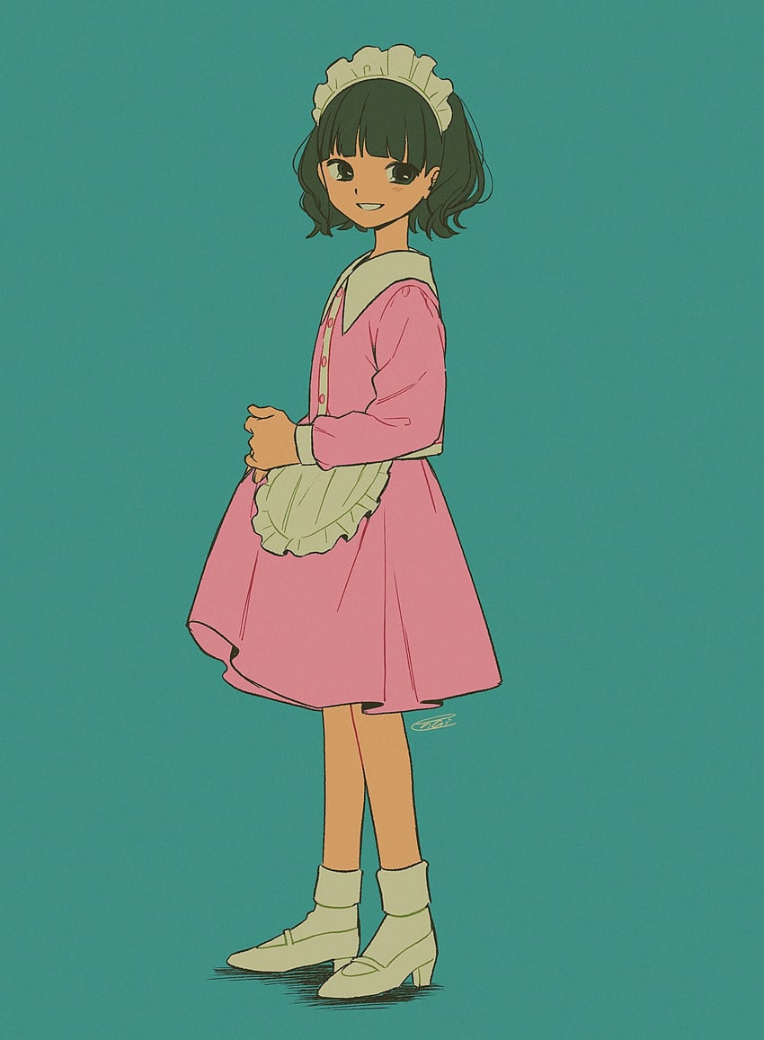 原创 1名女孩 :D 围裙 水色背景 黑瞳