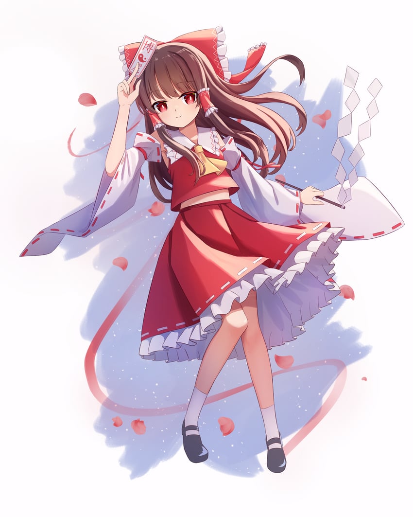 东方Project、博丽灵梦 1名女孩 阿斯科特领巾 黑鞋 蝴蝶结 棕发