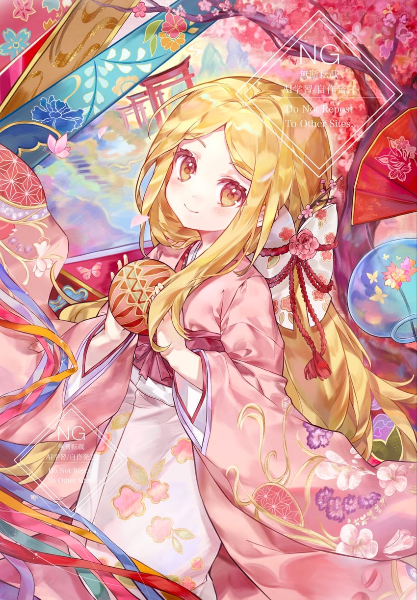 二次元插画 1名女孩 球 金发 蝴蝶结 闭嘴