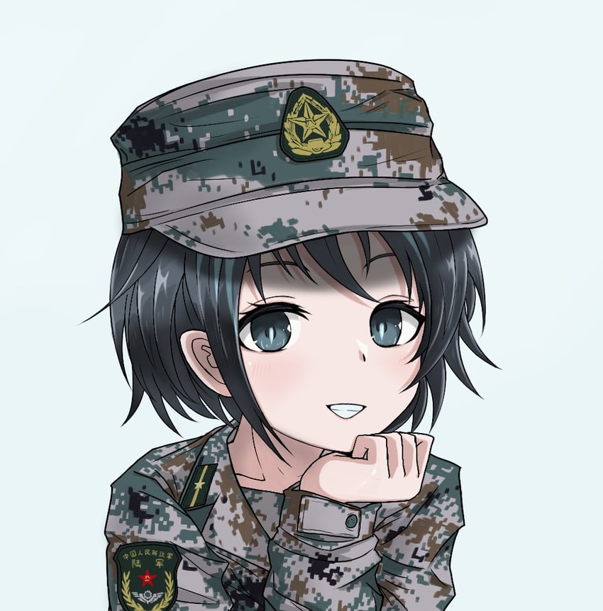 原创 1名女孩 黑瞳 黑发 迷彩 迷彩帽