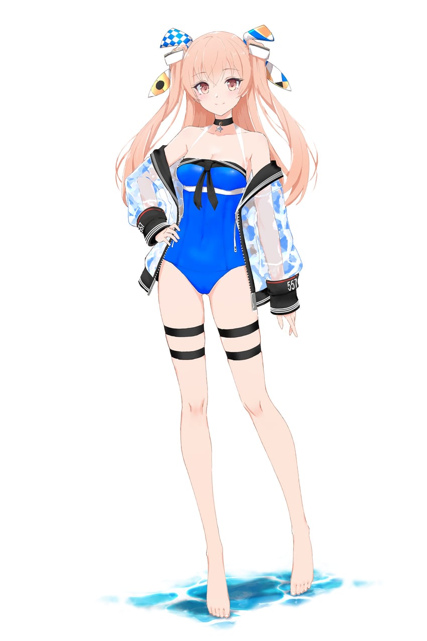 舰队Collection、约翰斯顿 (舰队收藏)、约翰斯顿 (泳装) (舰队Collection) 1名女孩 黑色项圈 蓝色连体泳衣 乳房 棕眼睛