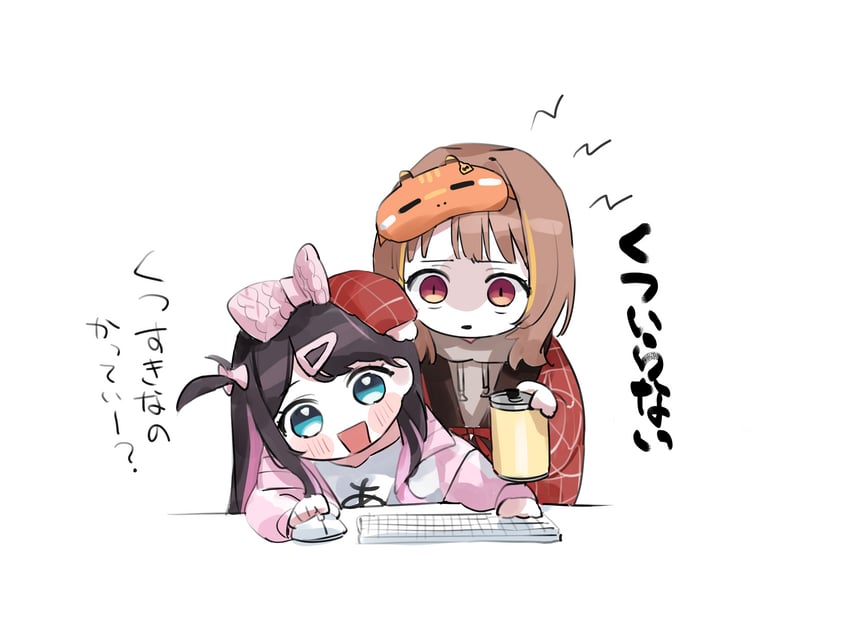 VSPO!、花芽荠、加贺名津菜 (第八套服装) 2名女孩 水色瞳 手放在他人头上 棕眼睛 棕发