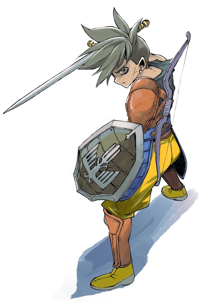 勇者斗恶龙、dragon quest xii、hero (dq12) 1名男孩 黑发 黑衬衫 弓（武器） 闭嘴