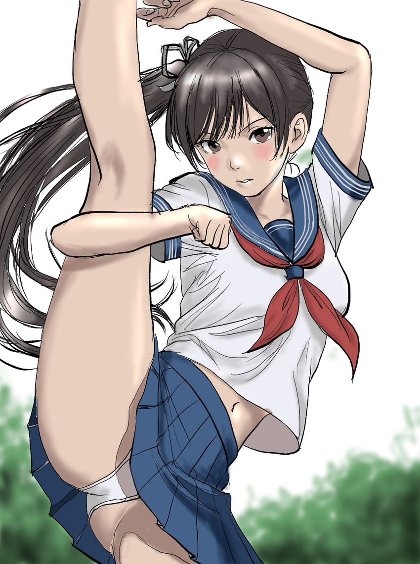 二次元插画 1名女孩 举手 黑发 蓝色水手领 蓝裙子