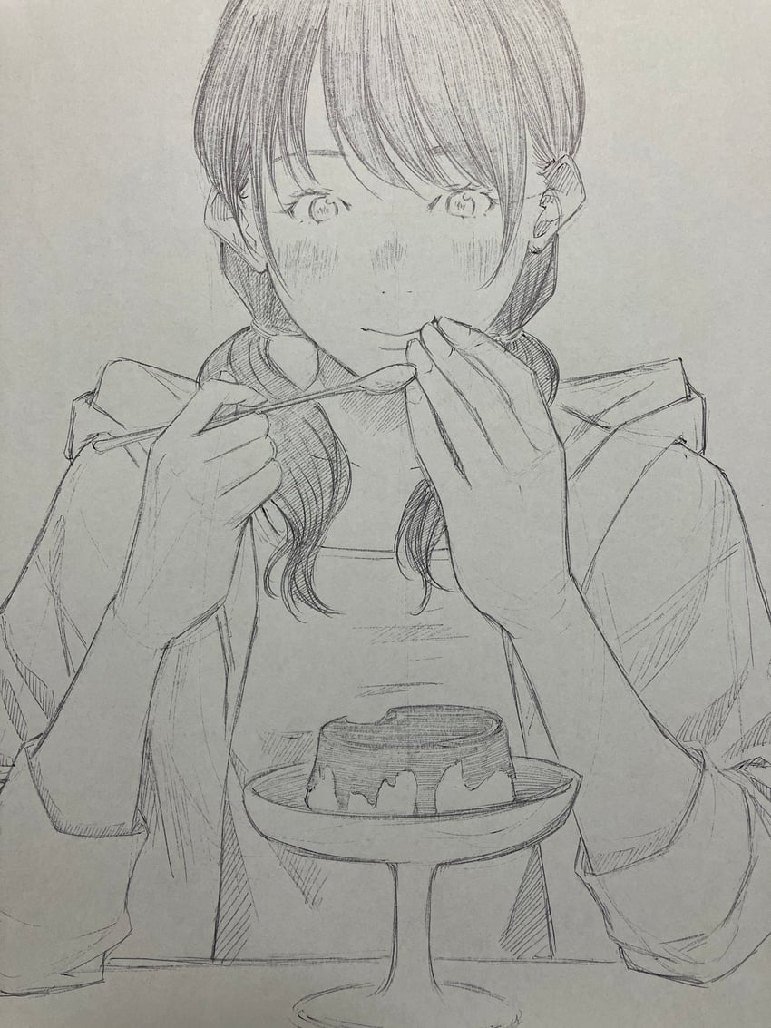 原创 1名女孩 闭嘴 食物 灰度 发垂至肩