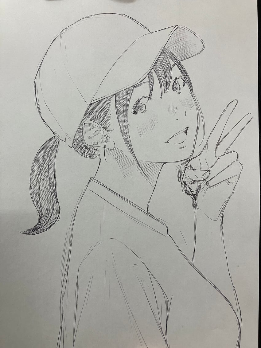 原创 1名女孩 棒球帽 双分刘海 侧视 灰度