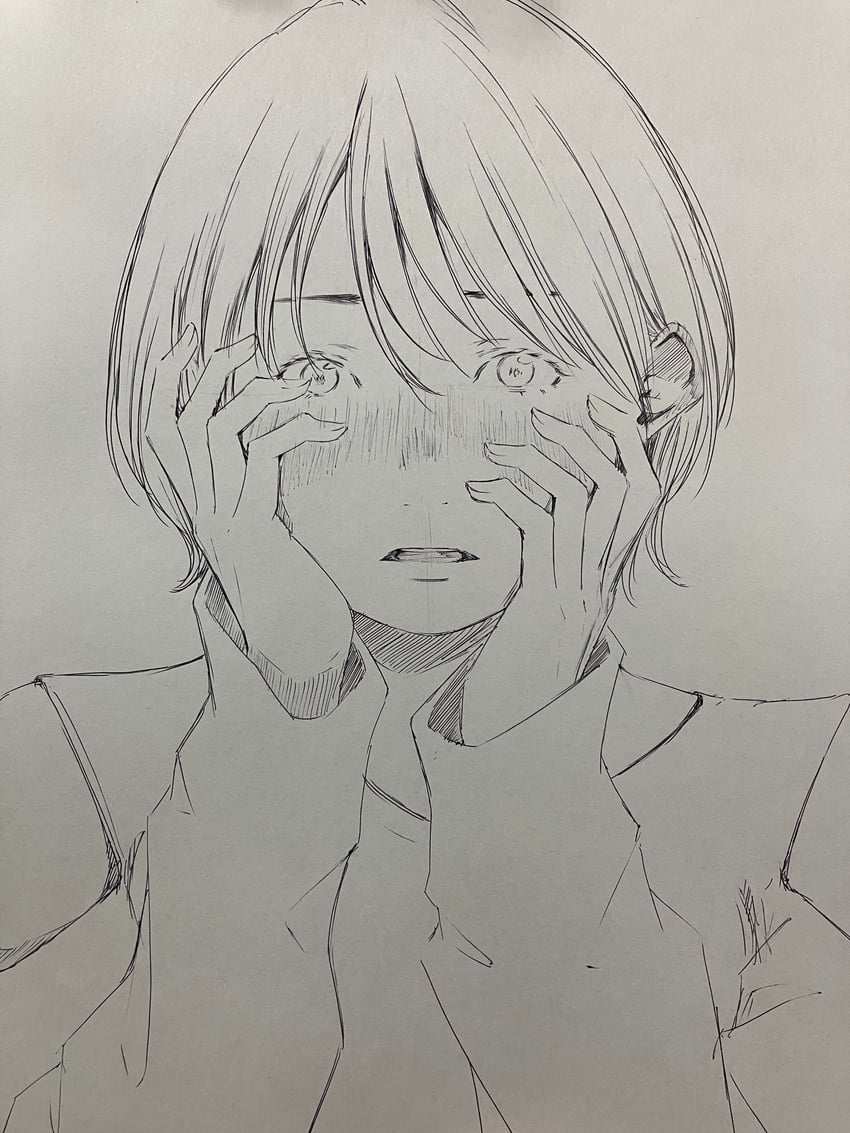 原创 1名女孩 脸红 碎刘海 灰度 托腮
