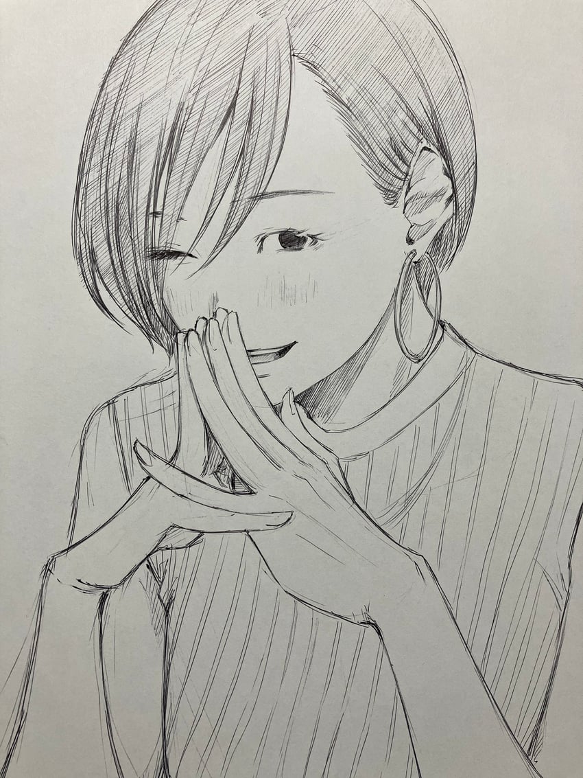 原创 1名女孩 不对称刘海 耳环 灰度 举手