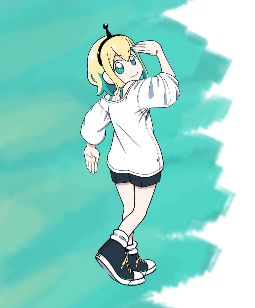 VOMS Project、天野Pikamee、天野皮卡美 (第一套服装) 1名女孩 触角 水色背景 水蓝色吊带背心 水色瞳