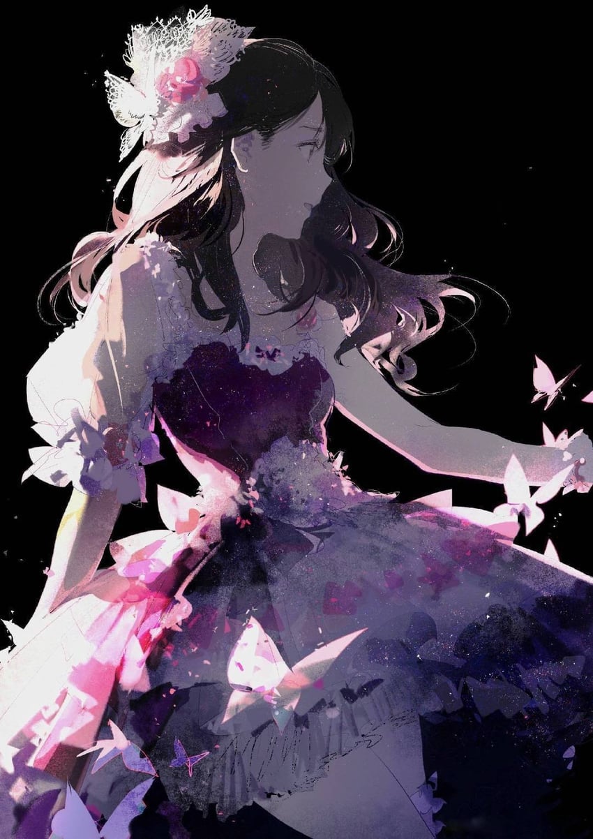 现实生活 1名女孩 黑色背景 黑发 虫子 蝴蝶