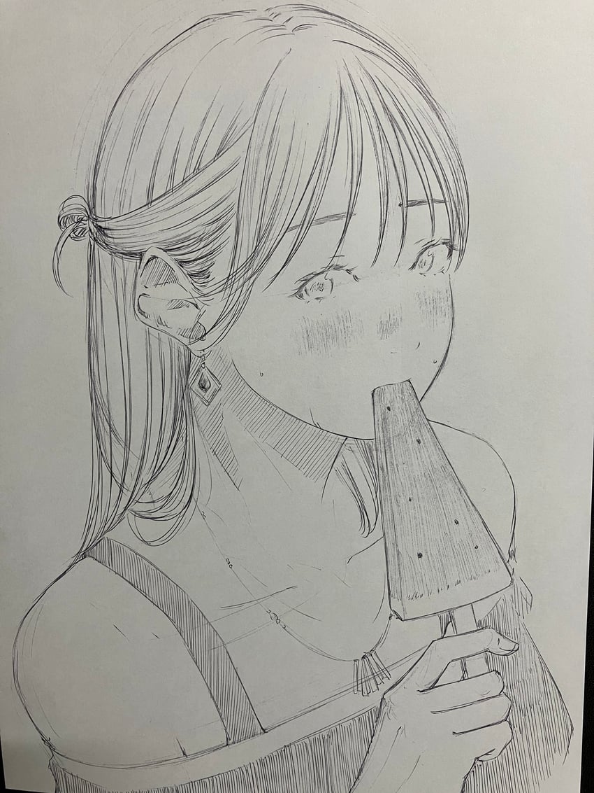 原创 1名女孩 内衣肩带 碎刘海 耳环 食物
