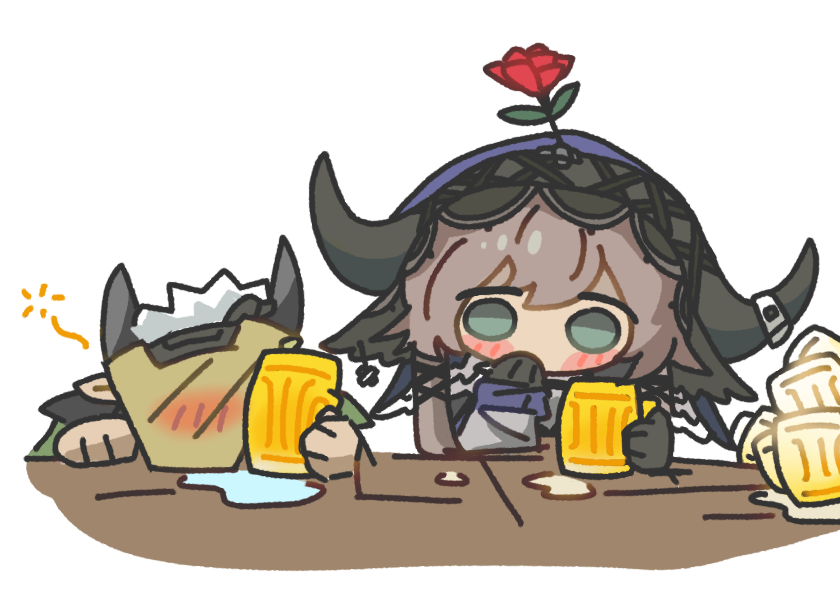 明日方舟、帕拉斯 (明日方舟)、萨卡兹佣兵 (明日方舟) 1名男孩 1名女孩 啤酒杯 黑色手套 脸红