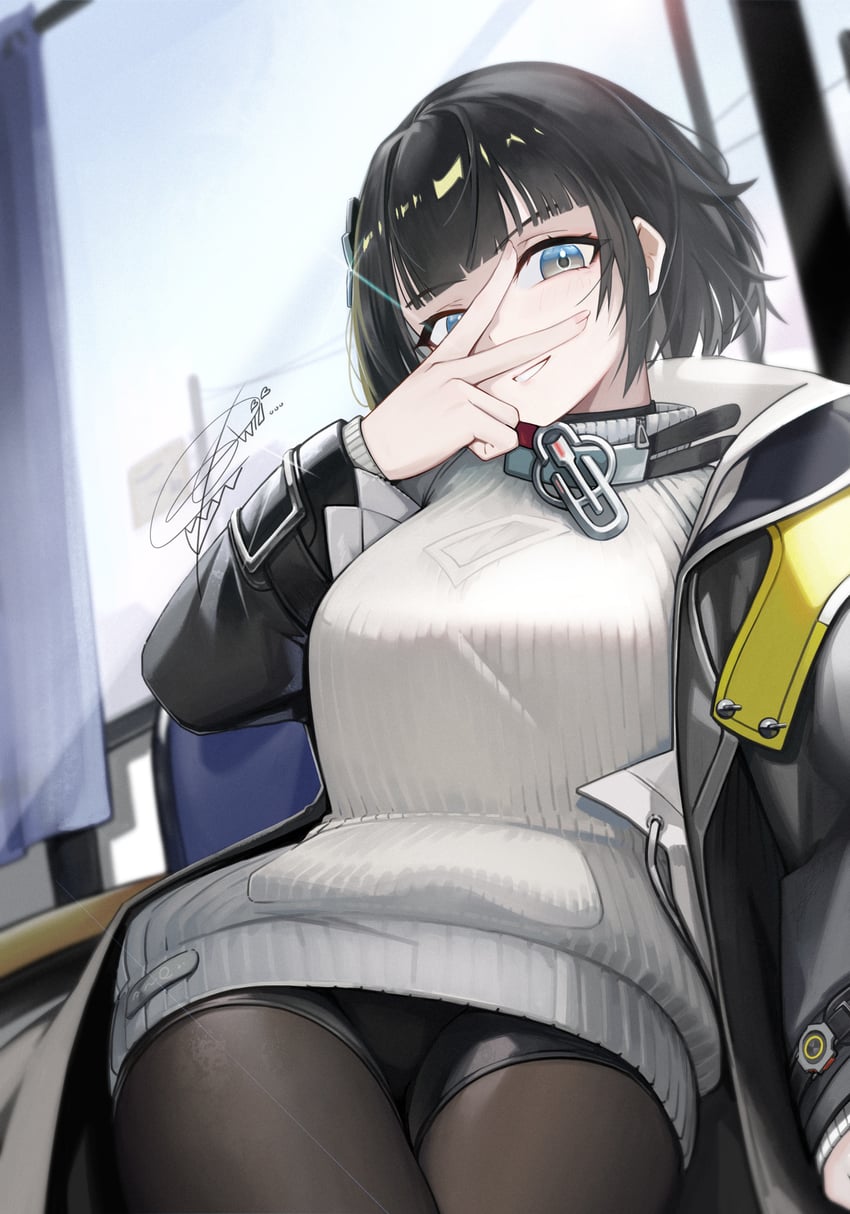 明日方舟、明日方舟：终末地、管理员 (明日方舟) 1名女孩 黑发 黑色连裤袜 交叉腿 灰瞳