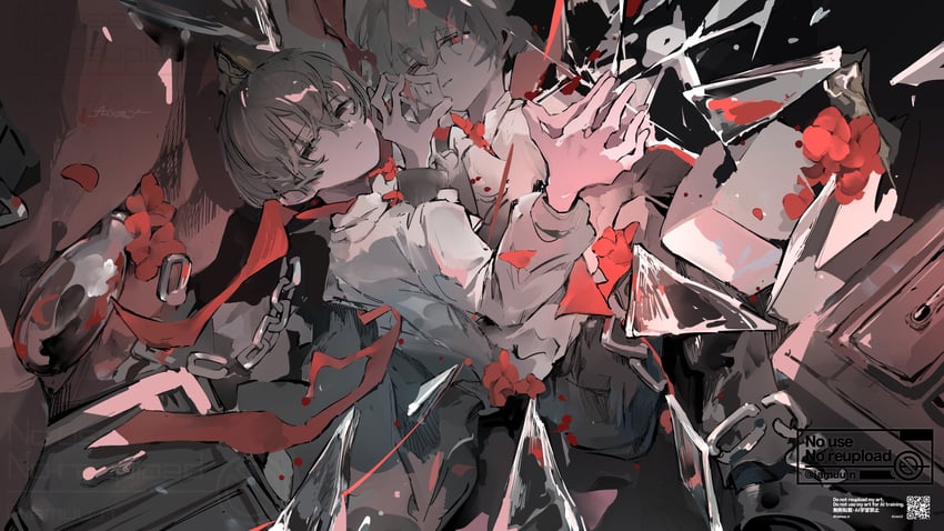 原创 1名男孩 黑裤子 黑鞋 碎玻璃 锁链