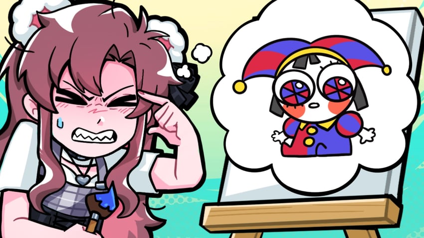 原创、神奇数字马戏团、polarcubyt 1名女孩 闭眼挤眼 兽耳 呆毛 水色背景