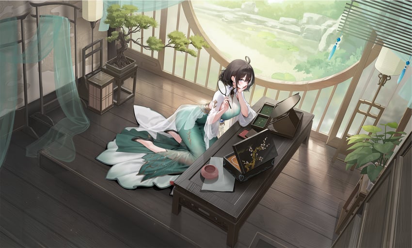 碧蓝航线、hwah jah (as lustrous as lacquer) (azur lane)、华甲 (碧蓝航线) 1名女孩 呆毛 行灯 建筑 黑鞋
