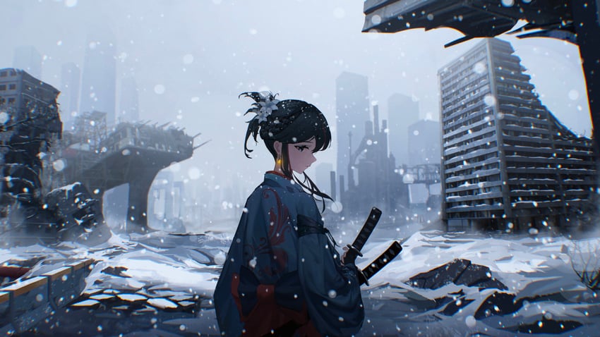 原创 1名女孩 黑发 蓝眼 蓝色和服 辫子