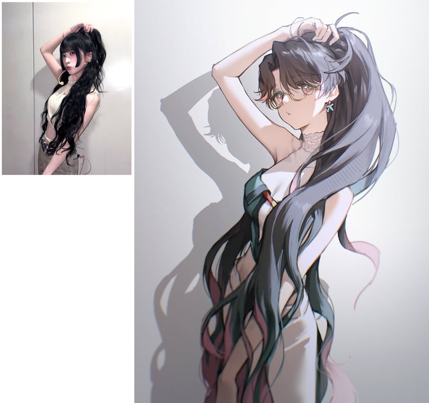 billlie (group)、鸣潮、haruna (billlie) 1名女孩 改装服装 不同发型 举手 露肩