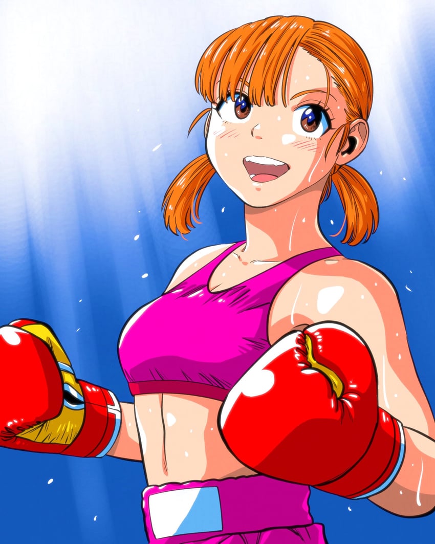 原创 1名女孩 蓝色背景 拳击手套 拳击短裤 乳房