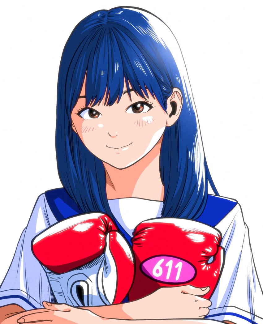 原创 1名女孩 蓝发 蓝色水手领 拳击手套 棕眼睛