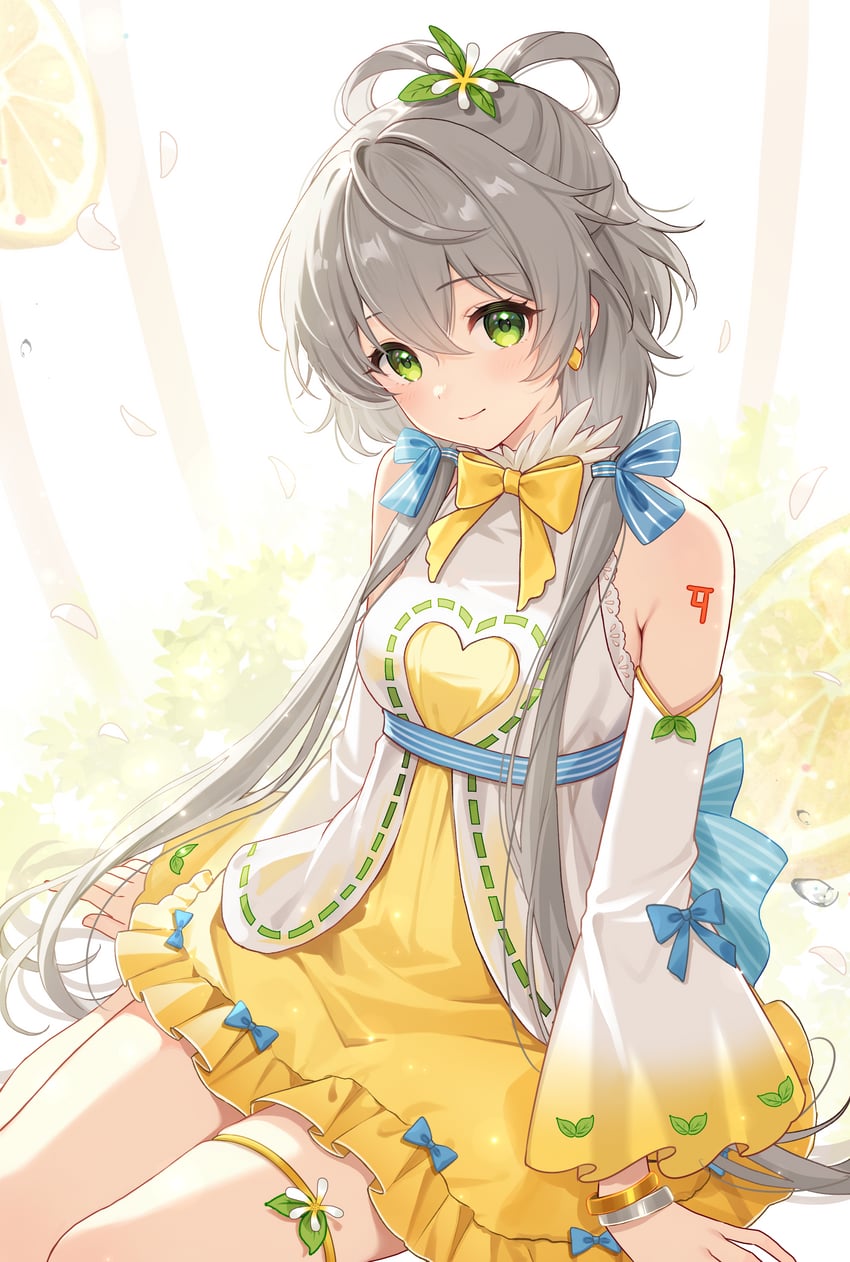 VOCALOID、Vsinger、洛天依 1名女孩 替换服装 露肩 赤脚 蓝色蝴蝶结