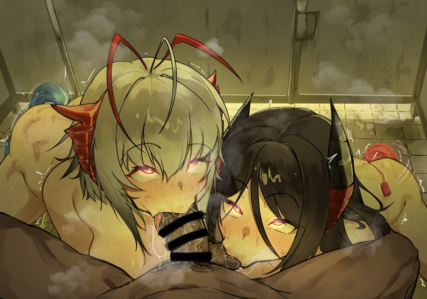 二次元插画 1名男孩 2名女孩 呆毛 屁股 条状遮挡