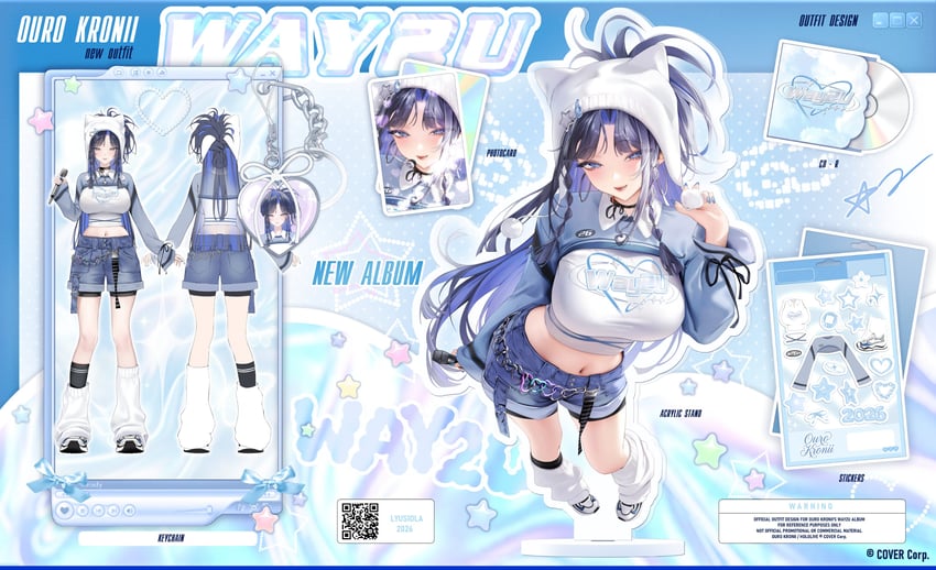 Hololive、Hololive英语、way 2 u (ouro kronii) 1名女孩 动物帽子 不对称腿部穿着 黑发 黑袜
