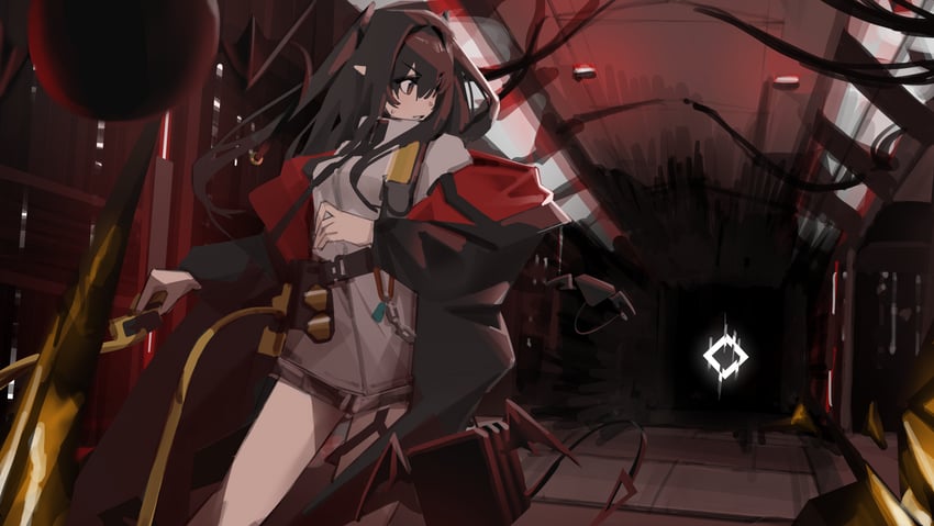 明日方舟、可露希尔 (明日方舟)、莱姆达 (明日方舟) 1名女孩 黑发 无人机 发丝垂在眼睛之间 长发