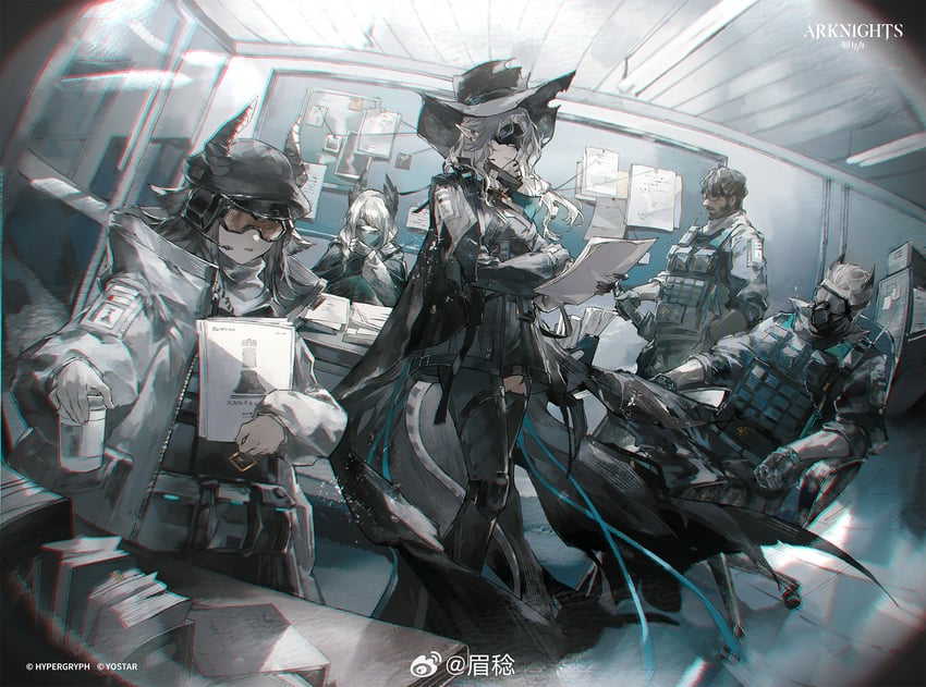 明日方舟、苇草 (明日方舟)、锐利 2个男孩 3人女子 兽耳 扶手 鸟娘