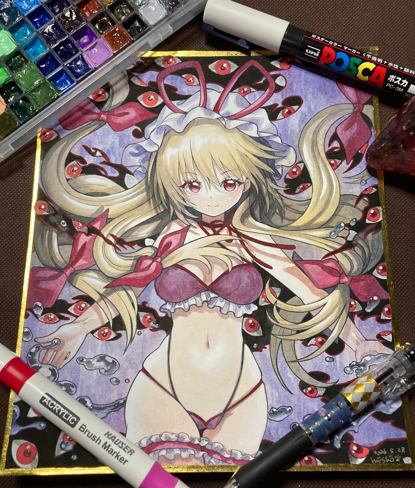 东方Project、八云紫 1名女孩 替换服装 画面内含画具 比基尼 金发