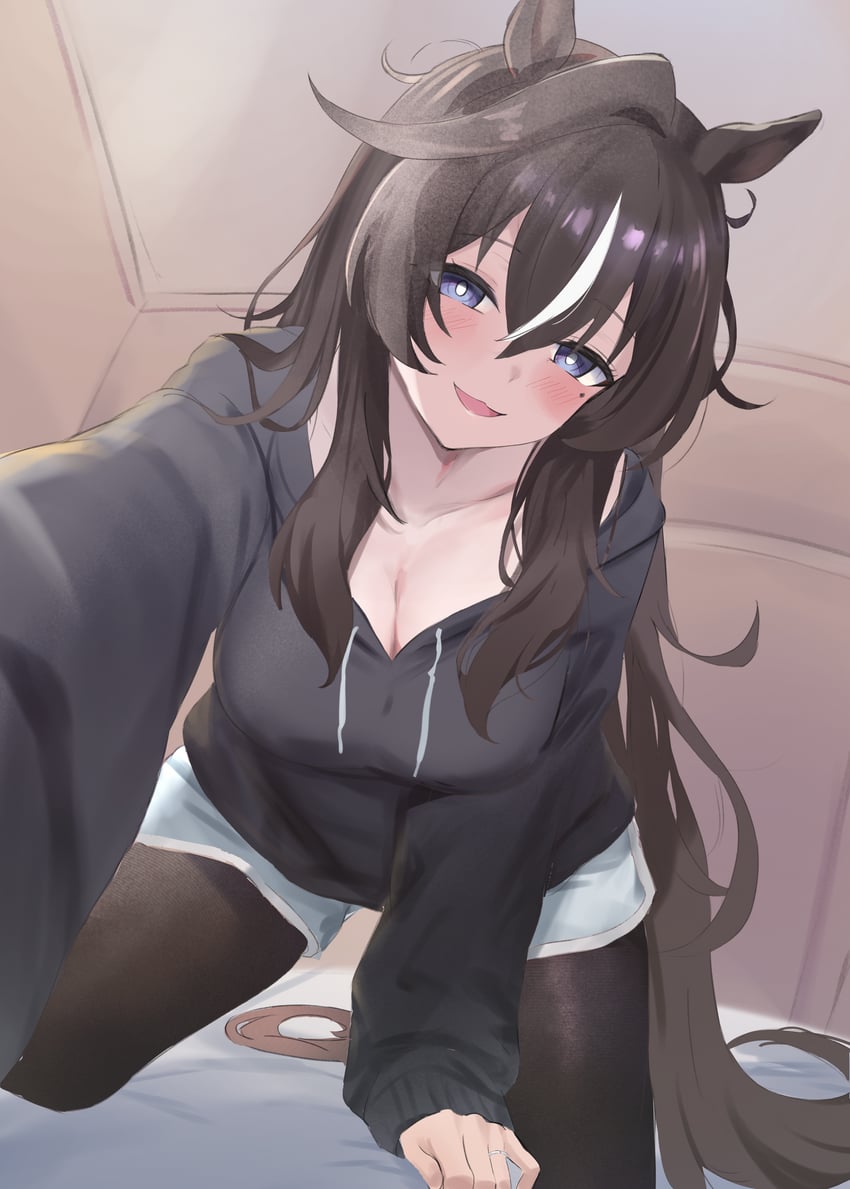赛马娘、维布罗斯 (赛马娘) 1名女孩 兽耳 黑色卫衣 黑色连裤袜 蓝眼