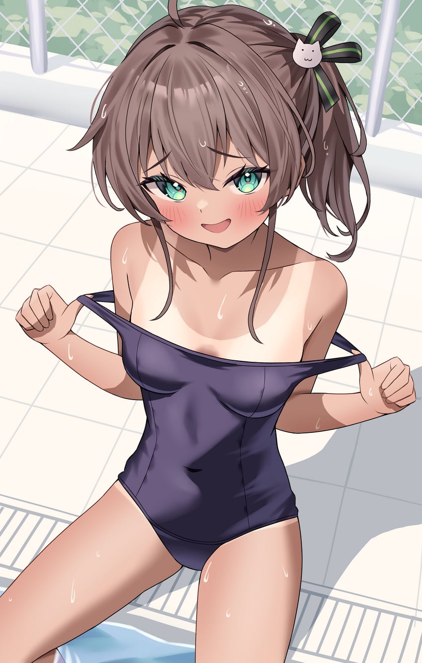 Hololive、夏色祭 1名女孩 呆毛 水色瞳 黑色丝带 蓝色连体泳衣