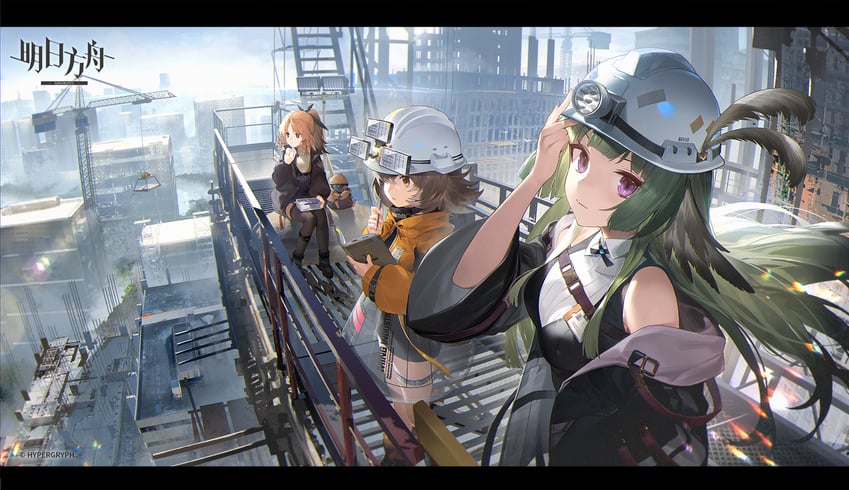 明日方舟、水泥 (明日方舟)、松果 (明日方舟) 3人女子 整理衣服 整理头饰 露肩 黑色过膝袜