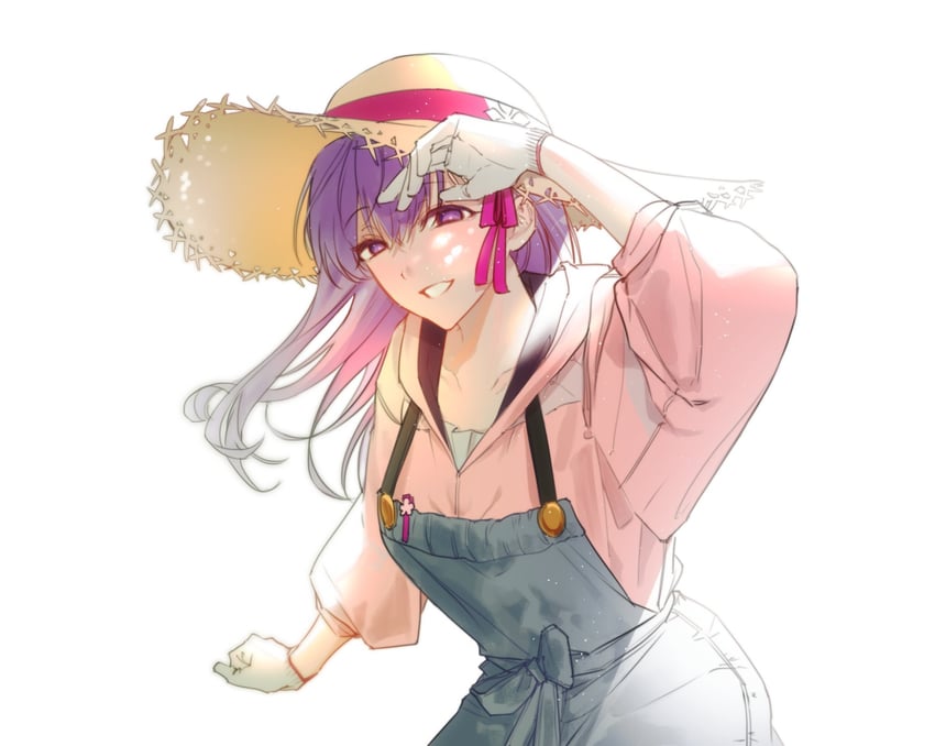 Fate/Grand Order、Fate系列、间桐樱 1名女孩 举手 蓝色背带裤 手套 发带