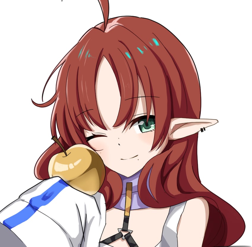 明日方舟、桃金娘 (明日方舟) 1名女孩 ;) 呆毛 苹果 露肩