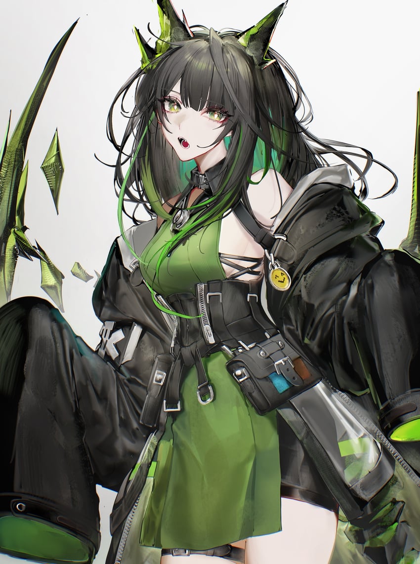 明日方舟、Mon3tr (明日方舟) 1名女孩 露肩 黑色大衣 黑发 黑饰带