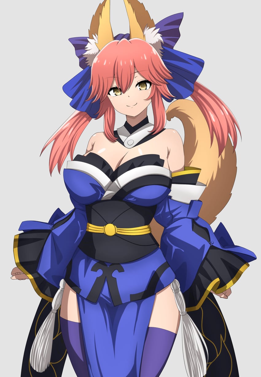 Fate/Grand Order、Fate系列、玉藻前 (Fate) 1名女孩 兽耳 蓝色和服 蓝色主题 乳房