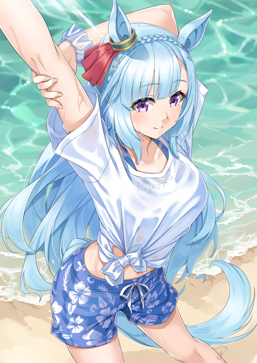 赛马娘、目白阿尔丹 (赛马娘) 1名女孩 兽耳 手放在头后 举起双手 海滩