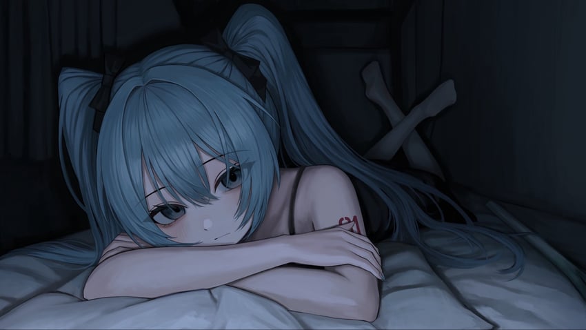 VOCALOID、初音未来 1名女孩 水色瞳 水色发 裸臂 赤脚