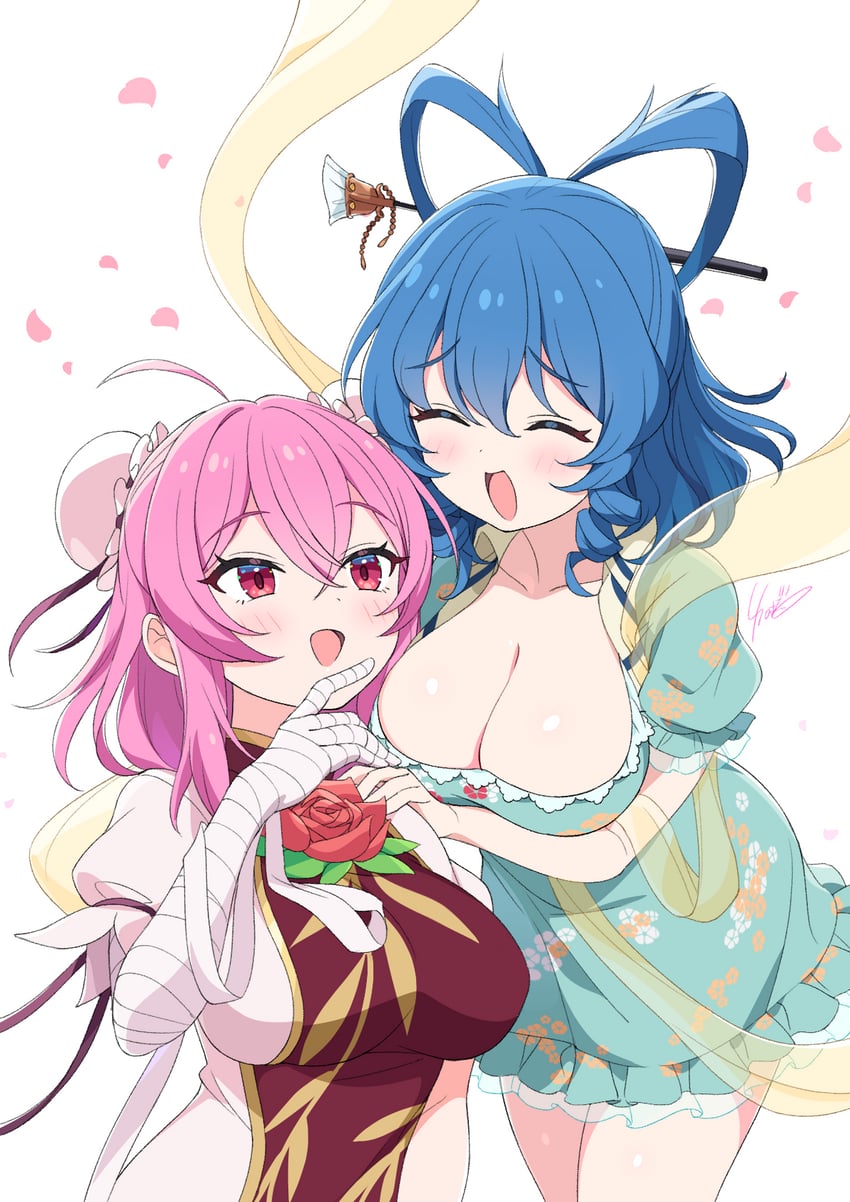 东方Project、茨木华扇、霍青娥 2名女孩 包扎的手臂 绷带 蓝色连衣裙 蓝发