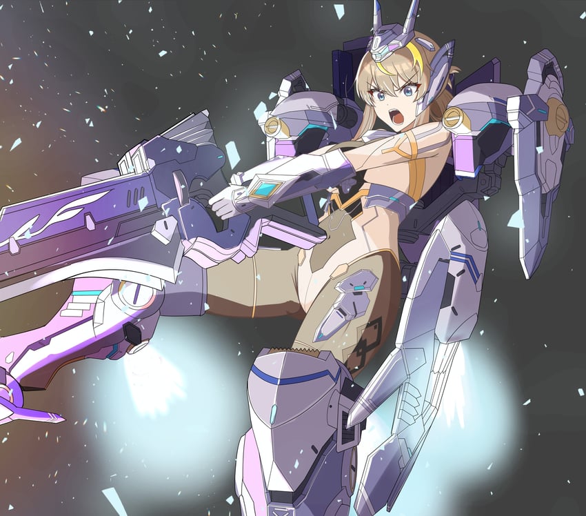 繁星之下、朗基努斯-β (星向) 1名女孩 瞄准 铠甲靴 黑色背景 黑色紧身连体衣