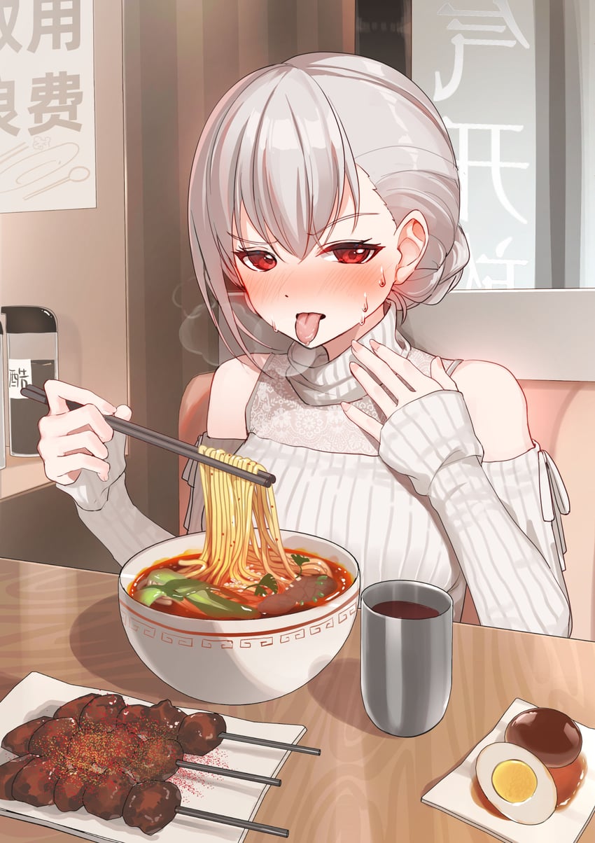 少女前线、RMB-93 (少女前线) 1名女孩 露肩 脸红 碗 皮蛋 (食物)