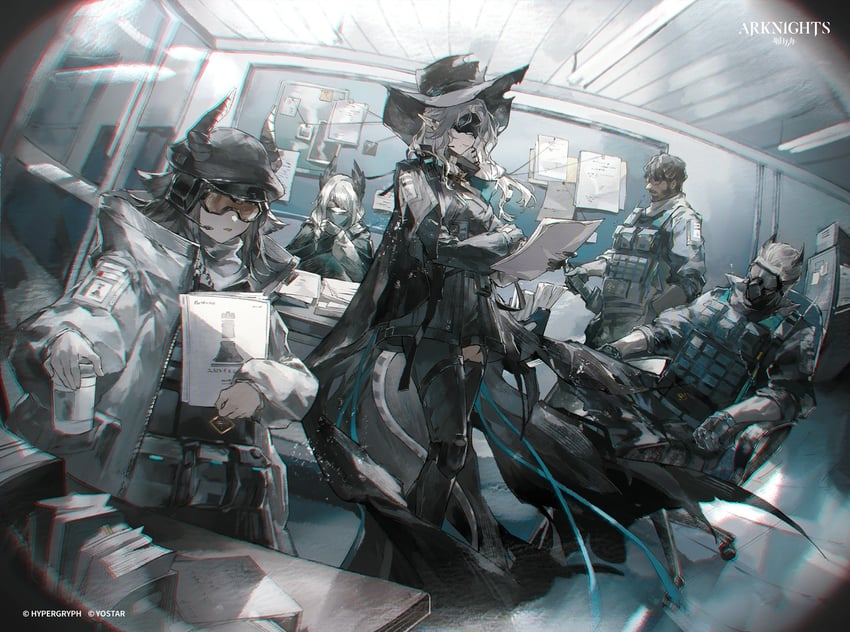 明日方舟、苇草 (明日方舟)、锐利 2个男孩 3人女子 兽耳 扶手 鸟娘